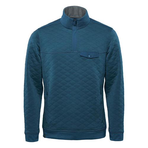 A teal thermal 1/4 zip pullover with a diamond quilted texture and a chest pocket, featuring a logo. A teal thermal 1/4 zip pullover with a diamond quilted texture and a chest pocket, featuring a logo.
