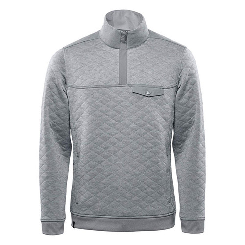 A grey thermal 1/4 zip pullover featuring a quilted design and a small chest pocket. It has a branded logo. A grey thermal 1/4 zip pullover featuring a quilted design and a small chest pocket. It has a branded logo.