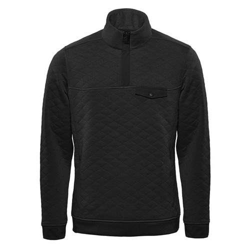 A black thermal pullover featuring a 1/4 zip and a front pocket, complete with a logo. A black thermal pullover featuring a 1/4 zip and a front pocket, complete with a logo.