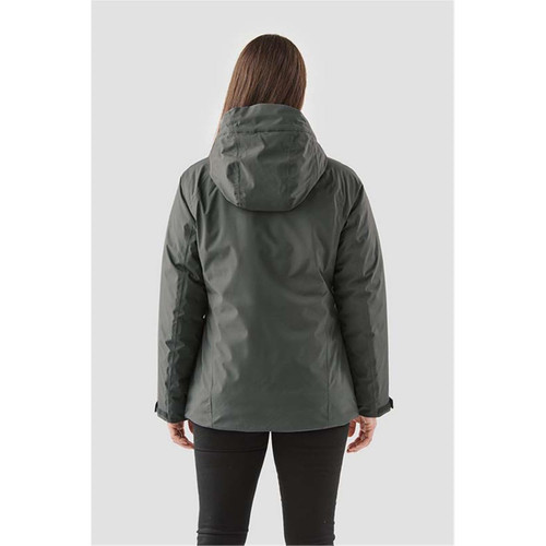 A women's thermal shell jacket in dark green, featuring a hood and a logo on the back. A women's thermal shell jacket in dark green, featuring a hood and a logo on the back.
