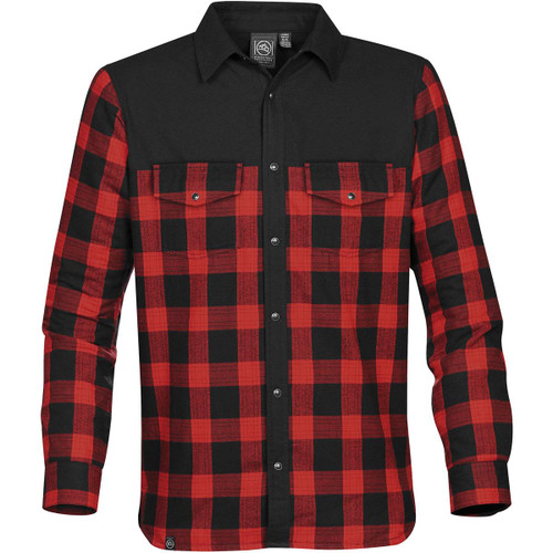 A red and black checkered button-up thermal shirt with long sleeves and two chest pockets. It features a black upper section. A red and black checkered button-up thermal shirt with long sleeves and two chest pockets. It features a black upper section.