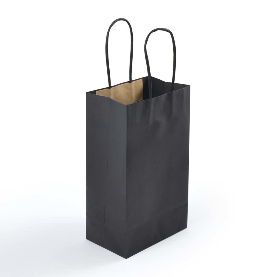 A small black paper bag with two handles, featuring a sturdy design and a brown interior.