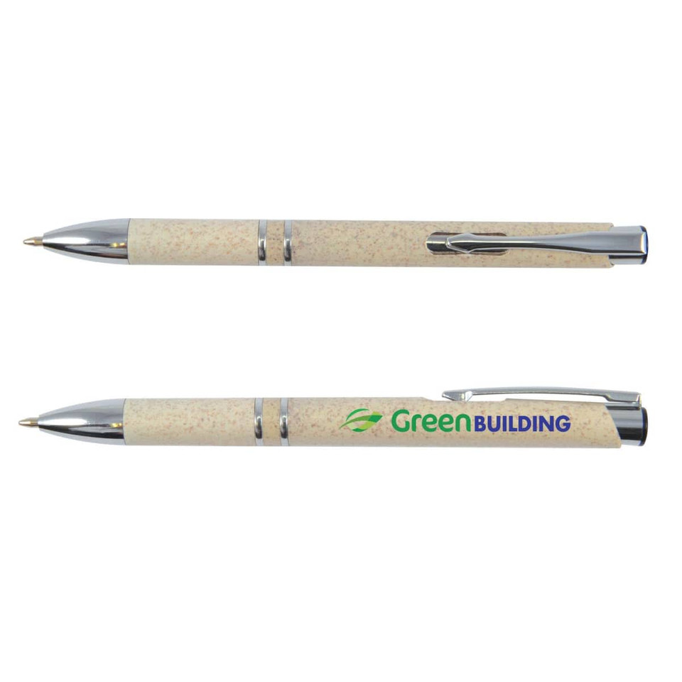 A creamy beige eco pen with a shiny silver clip and a logo on the barrel.