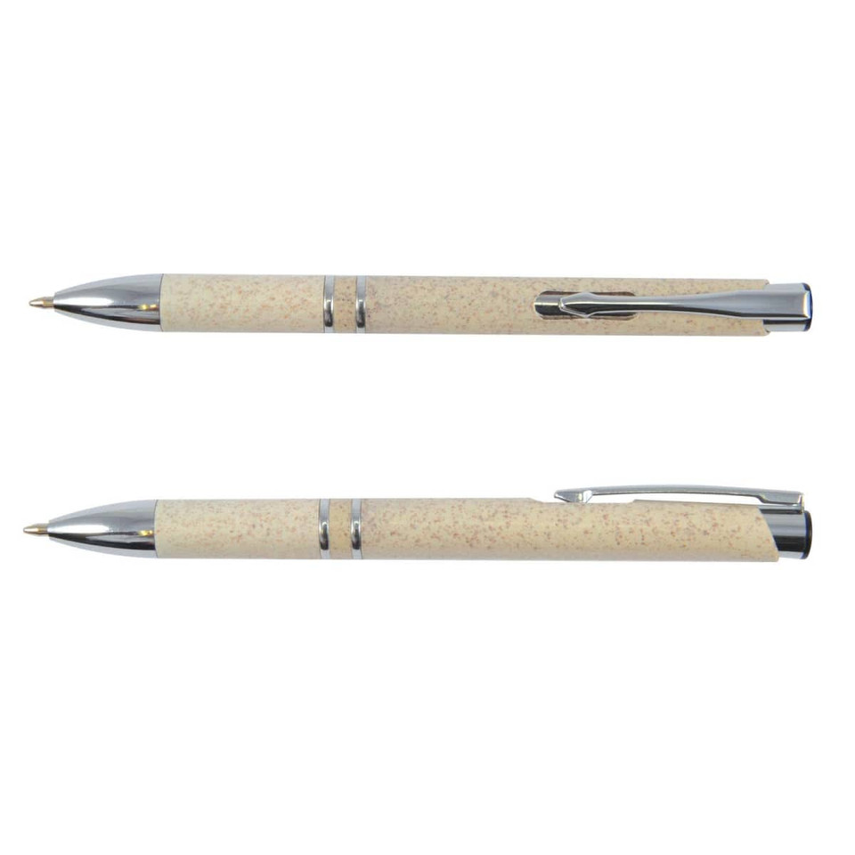A beige eco pen with a sleek design, featuring a chrome clip and accents. The pen has a logo on the side.