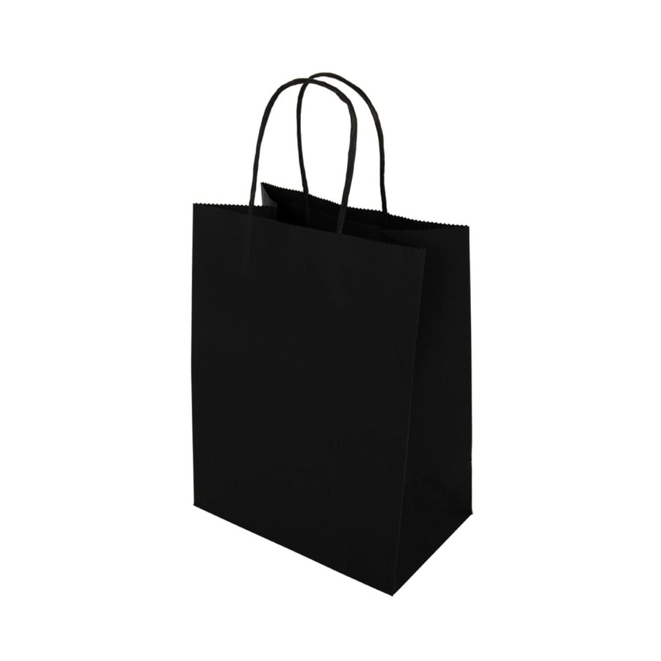 A medium black paper bag with two black handles and a simple, unadorned design.