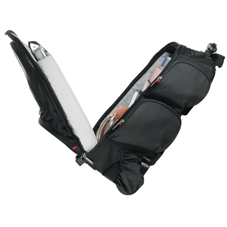 A black wheeled backpack with multiple compartments, showcasing interior storage for a laptop and other items.