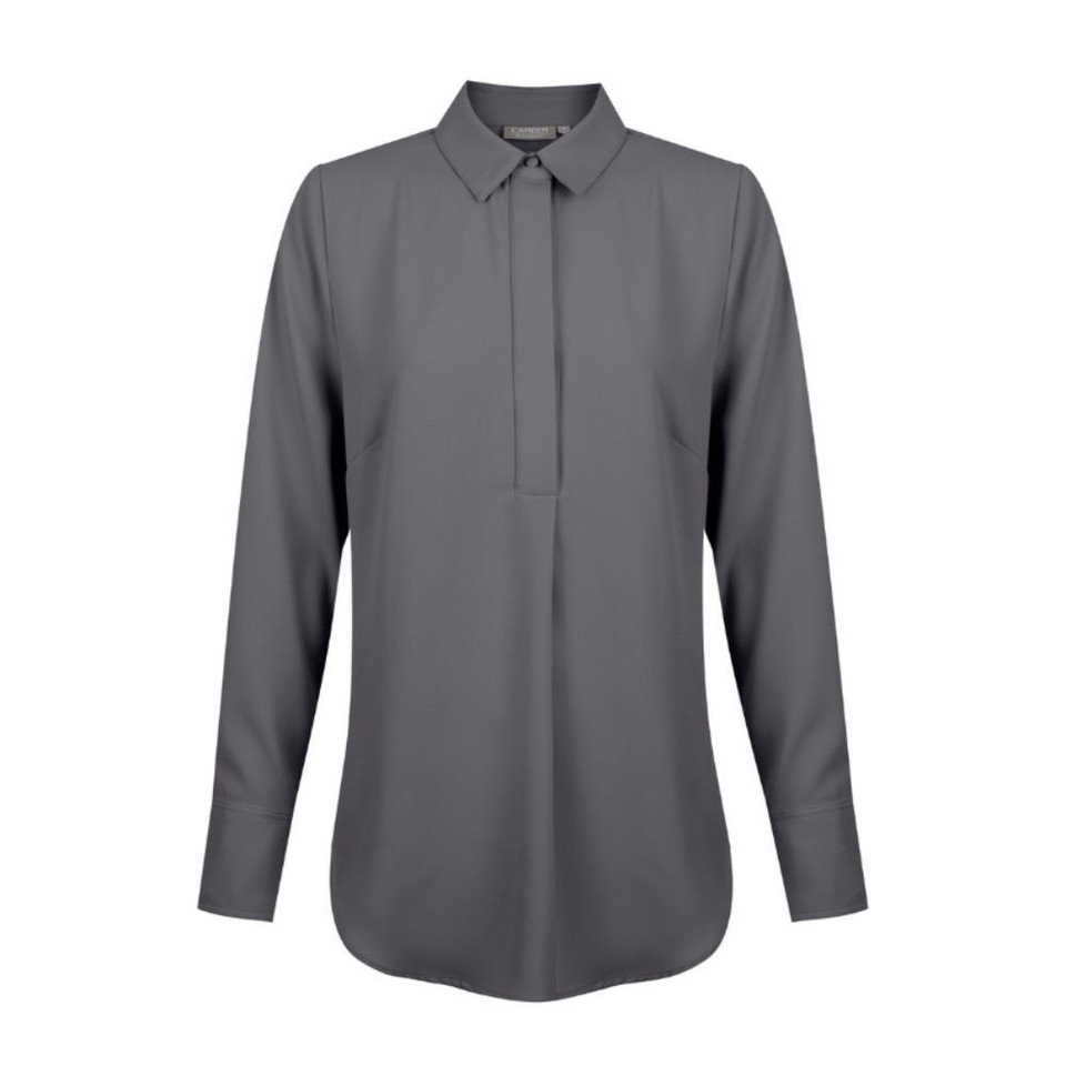 Charcoal women's long sleeve blouse with collar and button placket.