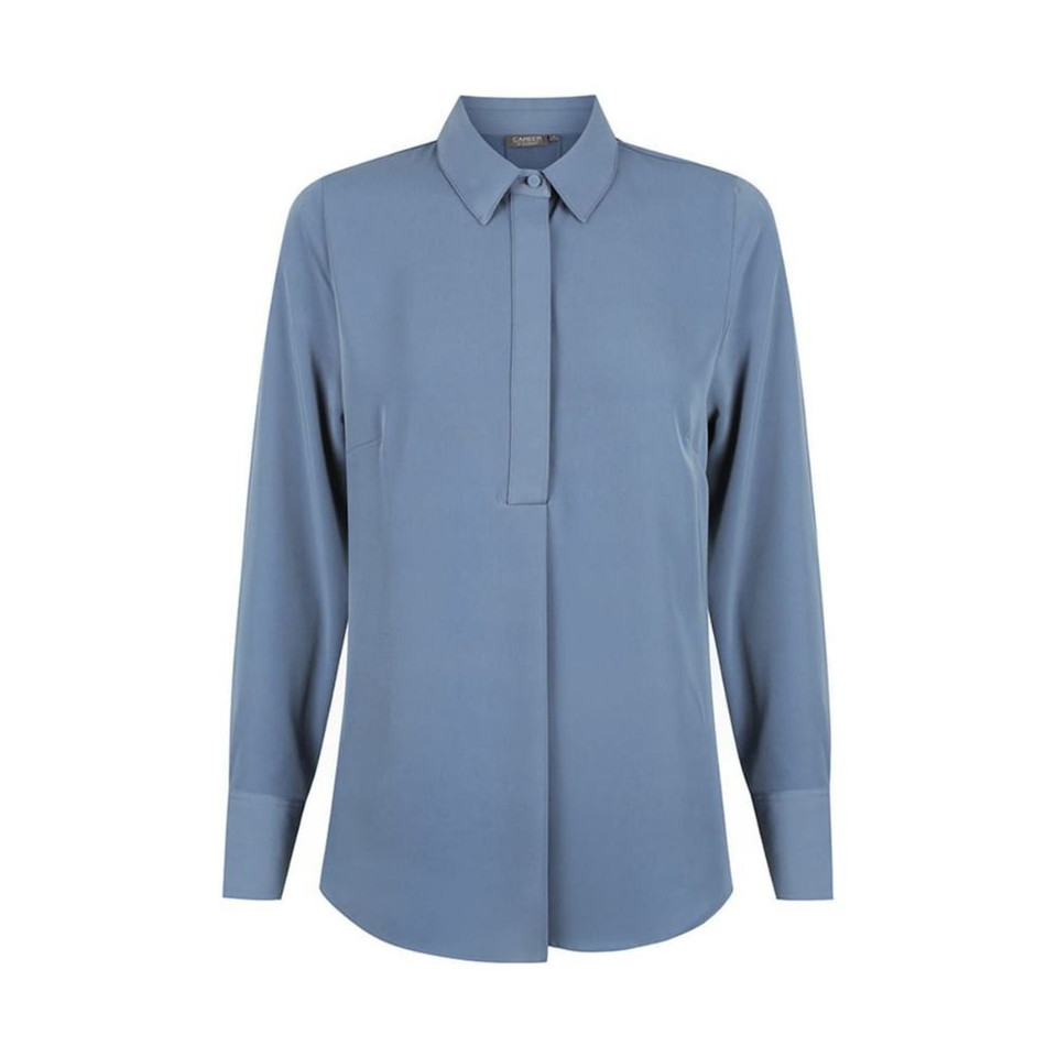 Denim blue women's long sleeve blouse with collar and button placket.