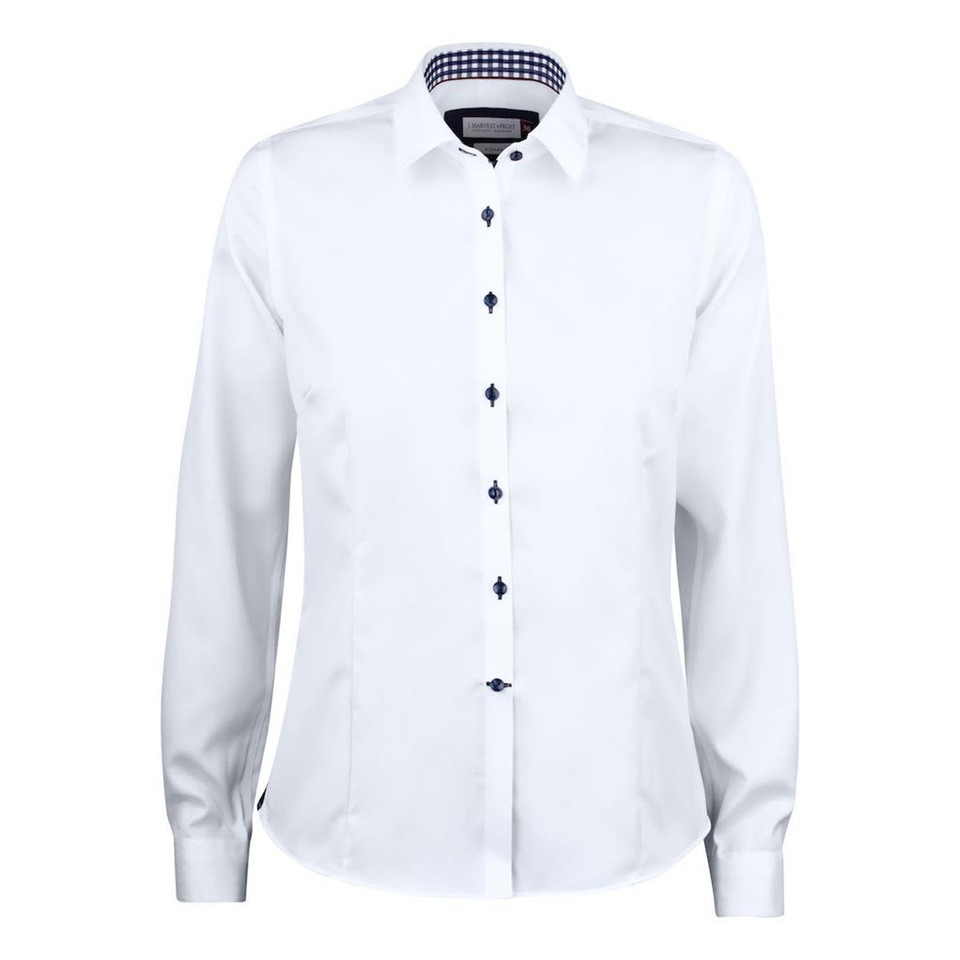 A white women's button-up shirt featuring long sleeves and a checkered inner collar with a logo.