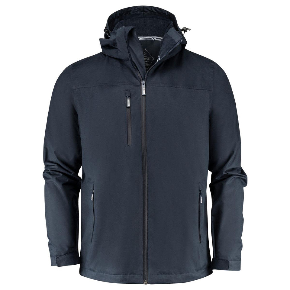 A dark blue rain jacket with a hood, featuring zippered pockets and a logo on the chest.