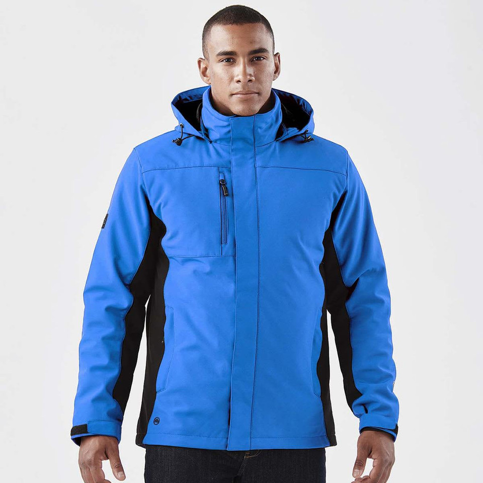 A men's 3-in-1 jacket in bright blue with black accents and a hood, featuring a logo on the sleeve.