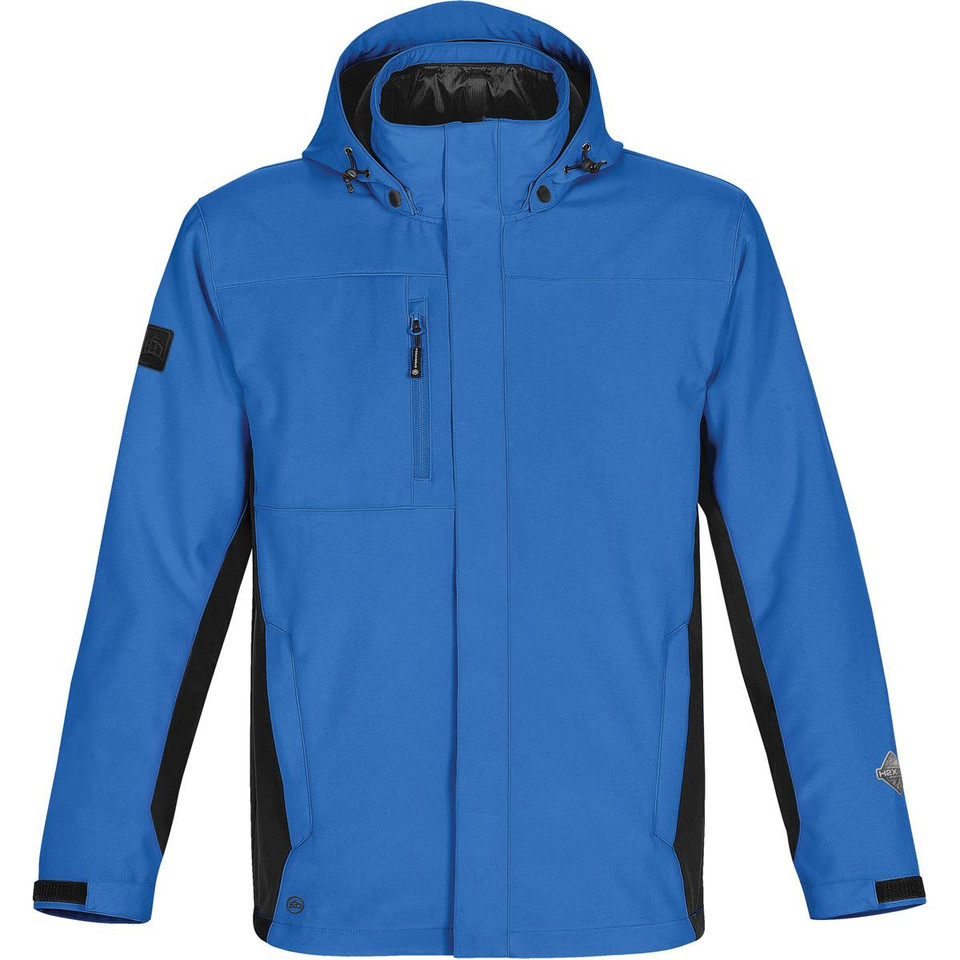 A blue and black men's jacket featuring a hood and front zip, with a logo on one sleeve.