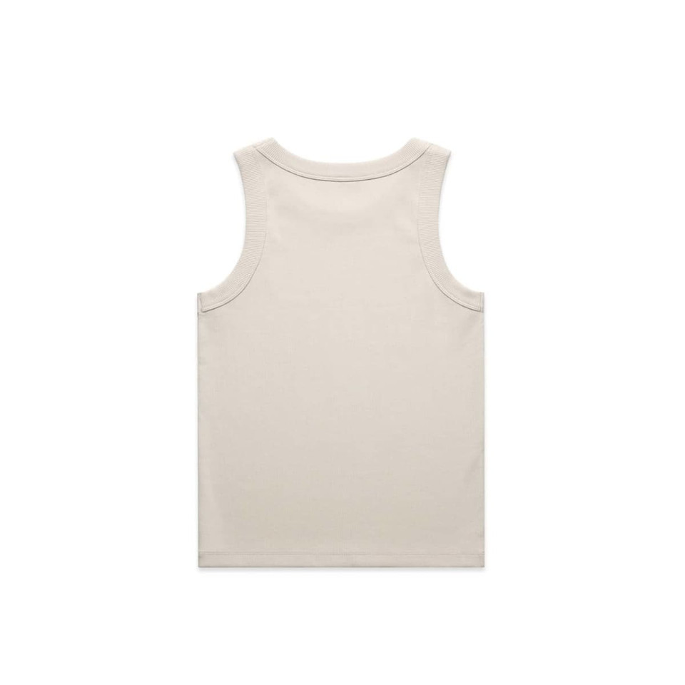 A plain beige rib tank top displayed from the back, featuring a simple design and no embellishments.