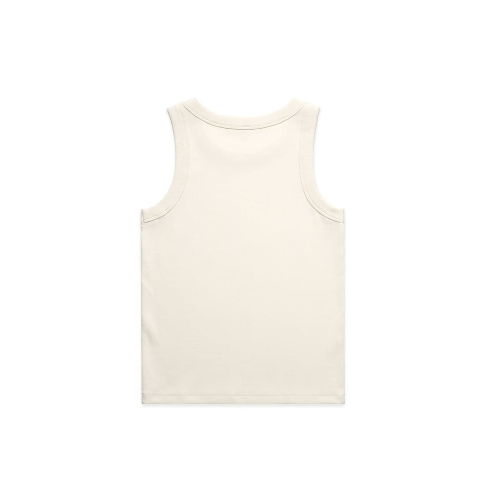 A plain cream organic rib tank top with a sleeveless design and a simple back. It features a small logo.
