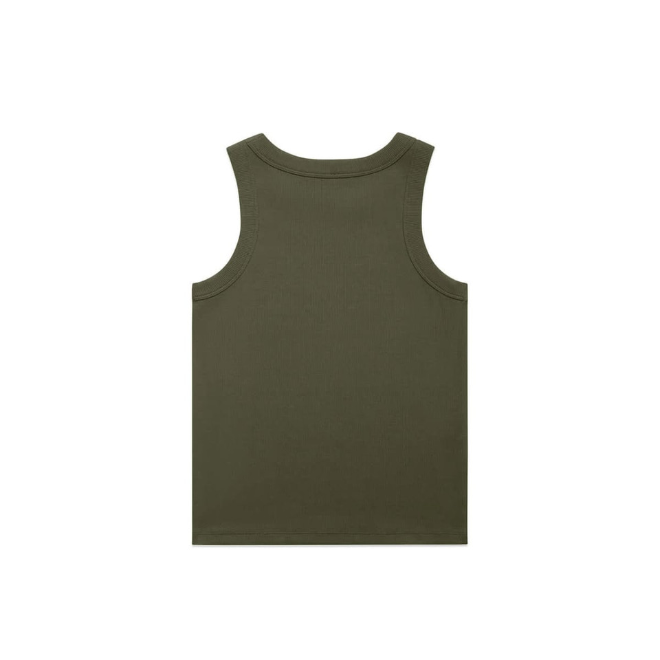 An olive green organic rib tank with a sleeveless design, featuring a plain back and minimal stitching details.