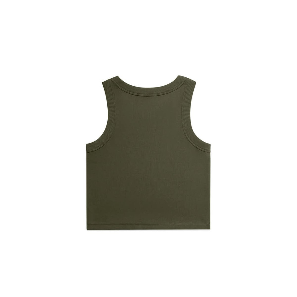 An olive green ribbed crop tank top featuring a simple, sleeveless design and a logo.