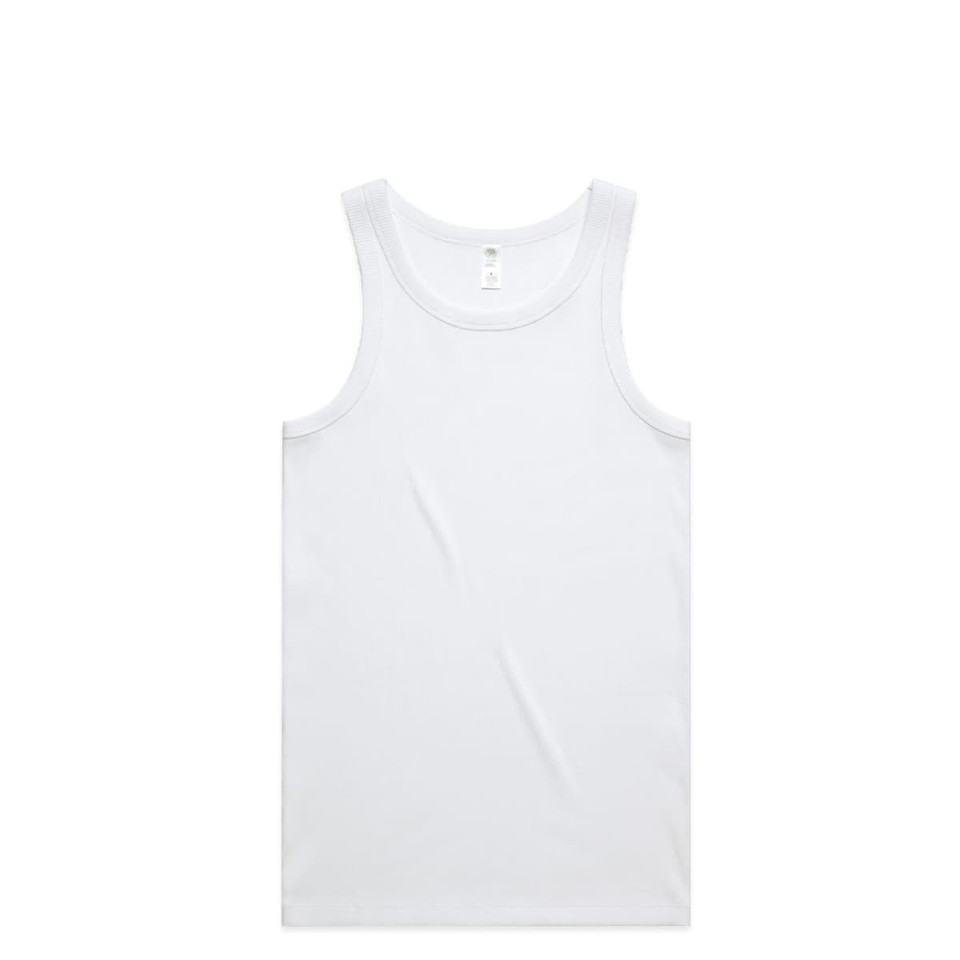 A white organic rib singlet featuring a round neckline and wide shoulder straps. The garment has a logo.