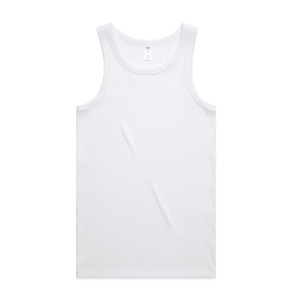 A white organic rib singlet featuring a classic tank top design and a logo.