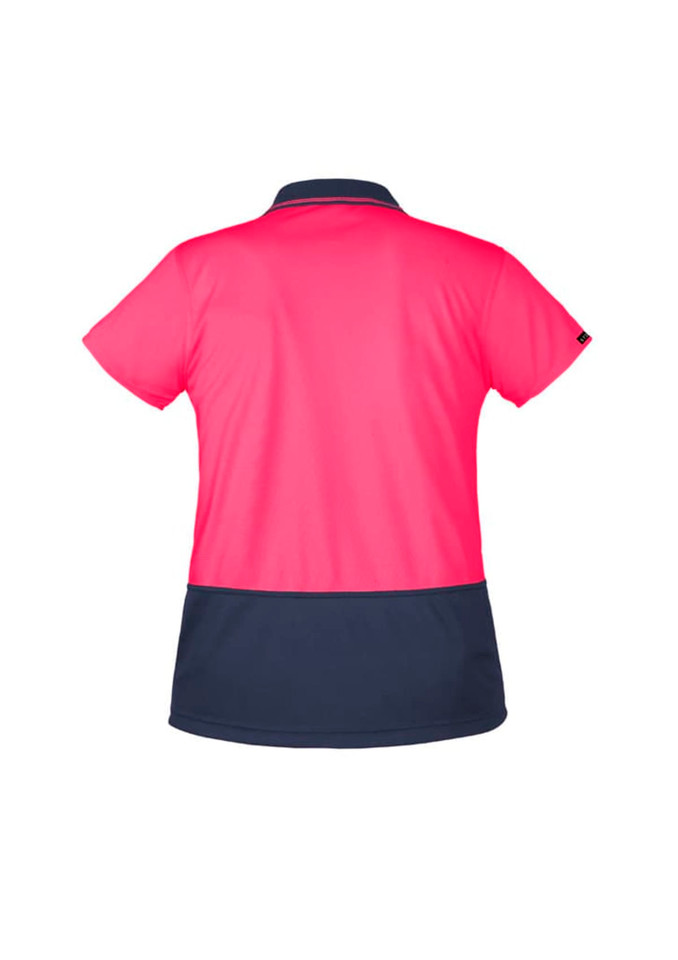 A short-sleeve polo shirt in bright pink and navy, featuring a logo on the back. Ideal for workwear.