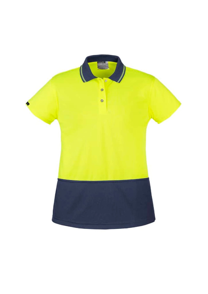 A women's short sleeve polo shirt in high visibility yellow with a navy blue bottom panel. It features a collar and buttons.