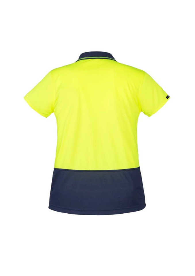 A women's high visibility short sleeve polo in bright yellow and navy blue, featuring a logo on the sleeve.