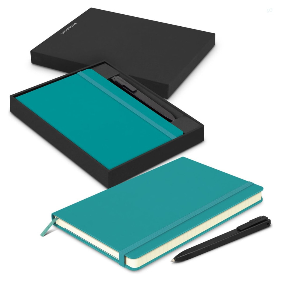 A teal Moleskine notebook with an elastic closure and a matching pen, presented in a black gift box.