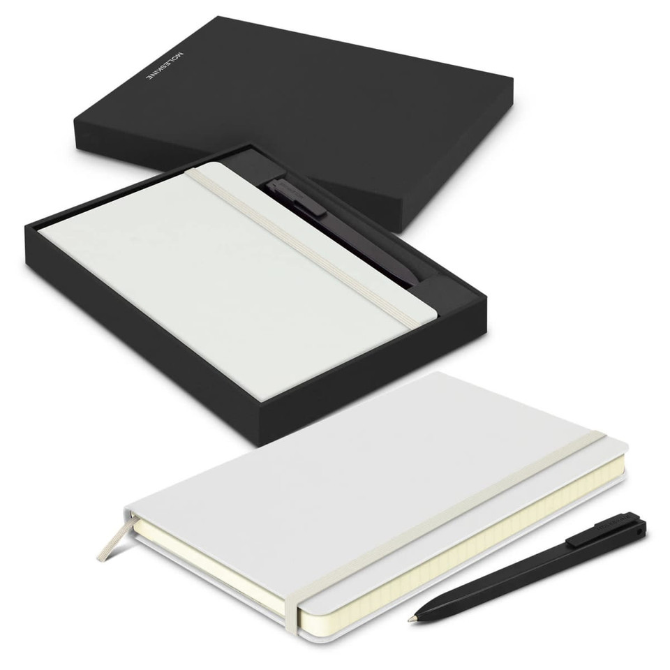 A white Moleskine notebook and black pen in a black gift box, featuring a sleek design.