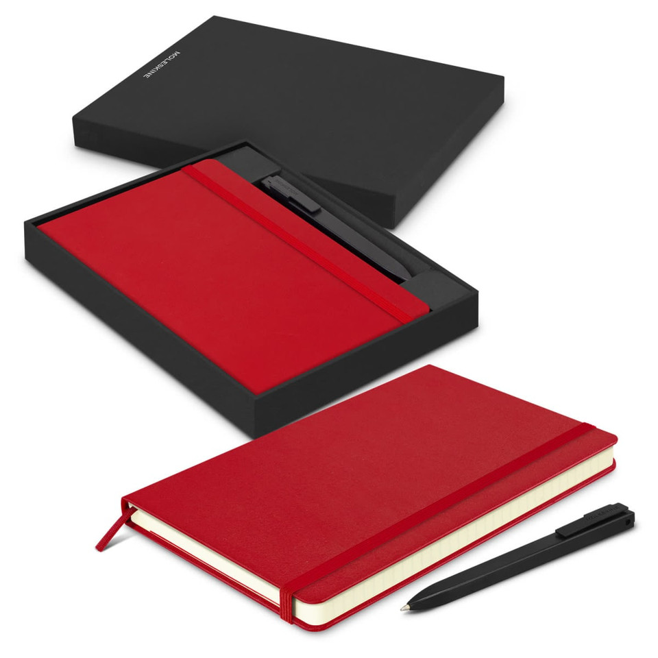 A red Moleskine notebook and pen set presented in a black gift box. Features a sleek design and includes a logo.