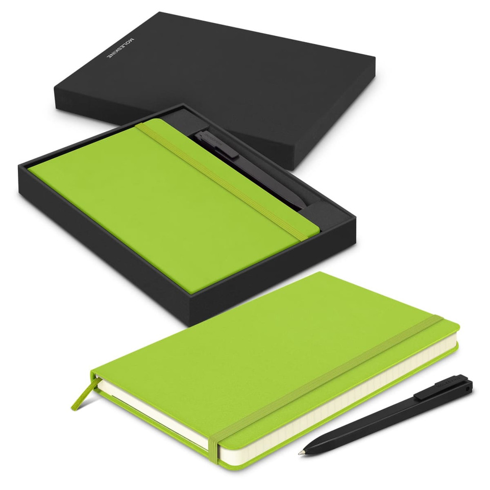 A green Moleskine notebook and black pen in a sleek black gift box. Includes a logo on the notebook.