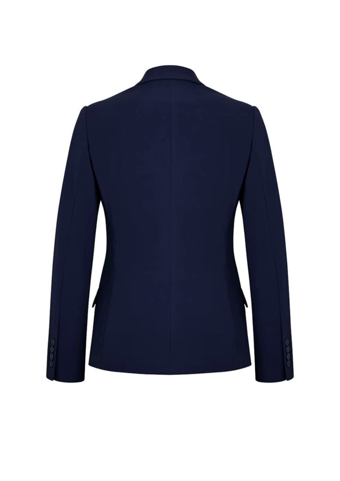 A navy mid-length women's jacket with a fitted design and long sleeves, featuring buttons on the cuffs.