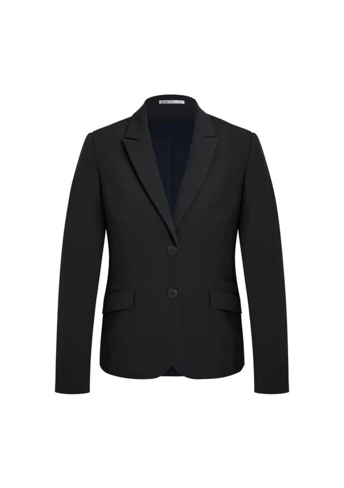 A black mid-length jacket with a notched lapel, featuring two front buttons and side pockets.
