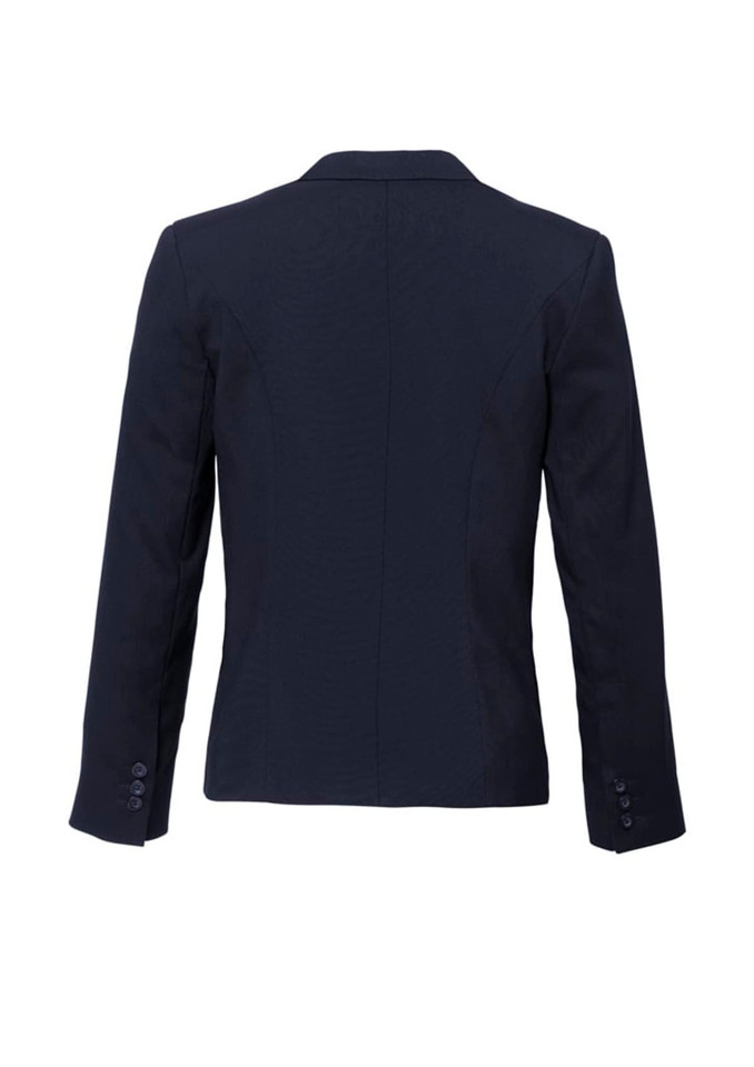 A women's short jacket in navy blue with a reverse lapel and long sleeves, featuring a buttoned cuff.