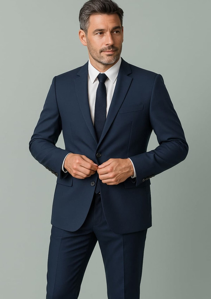 A man in a navy blue suit and tie, wearing a fitted blazer and trousers, with a plain background.