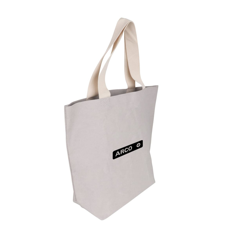 A large grey washable kraft paper bag with cotton handles and a logo.
