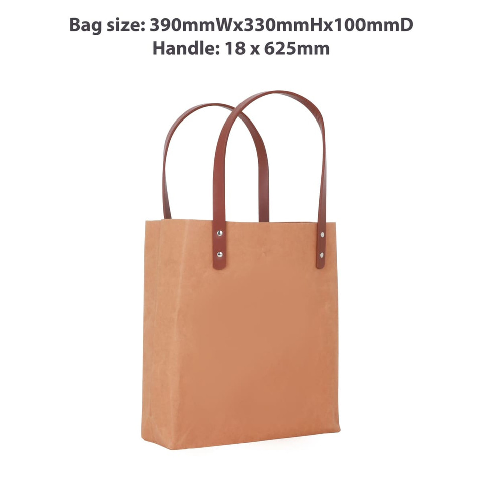 A brown washable Kraft paper bag with a tan PU handle, sized 390x330x100mm, featuring two handles.