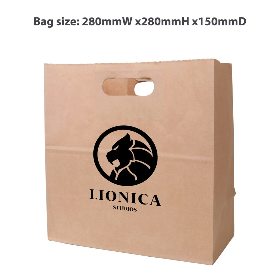 A brown kraft paper bag with a die-cut handle, featuring a logo on one side. Dimensions are 280mm x 280mm x 150mm.