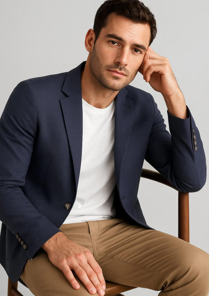 A navy blazer worn by a man, seated with a thoughtful expression, paired with a white T-shirt and tan trousers.