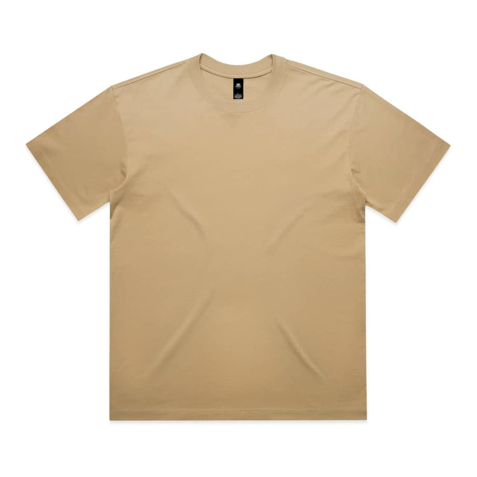 A beige t-shirt with short sleeves and a solid design, featuring a logo on the neckline.