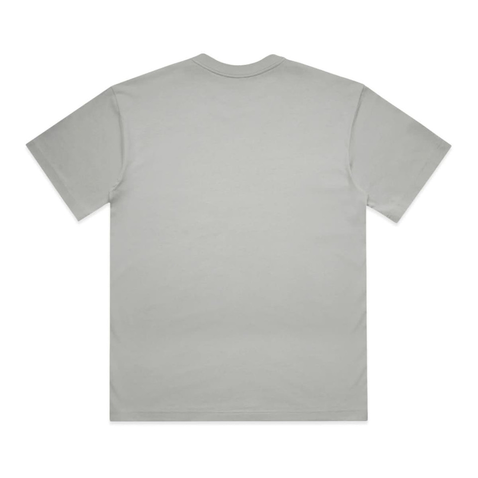A grey T-shirt featuring a plain back and short sleeves. The shirt includes a logo on the side.