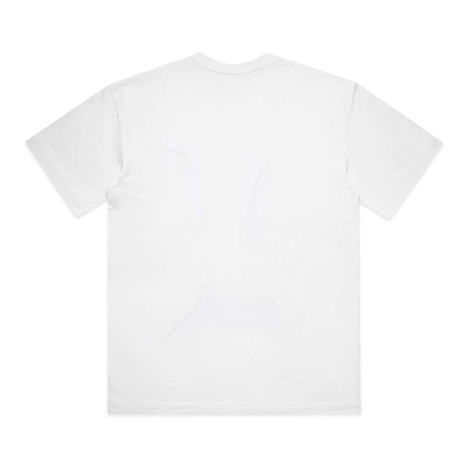 A white t-shirt with a plain back and short sleeves. The shirt features a logo.