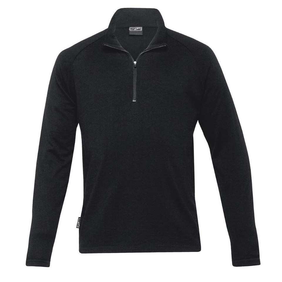 A black Merino zip pullover for men, featuring a quarter zip and long sleeves. It has a logo on the side.