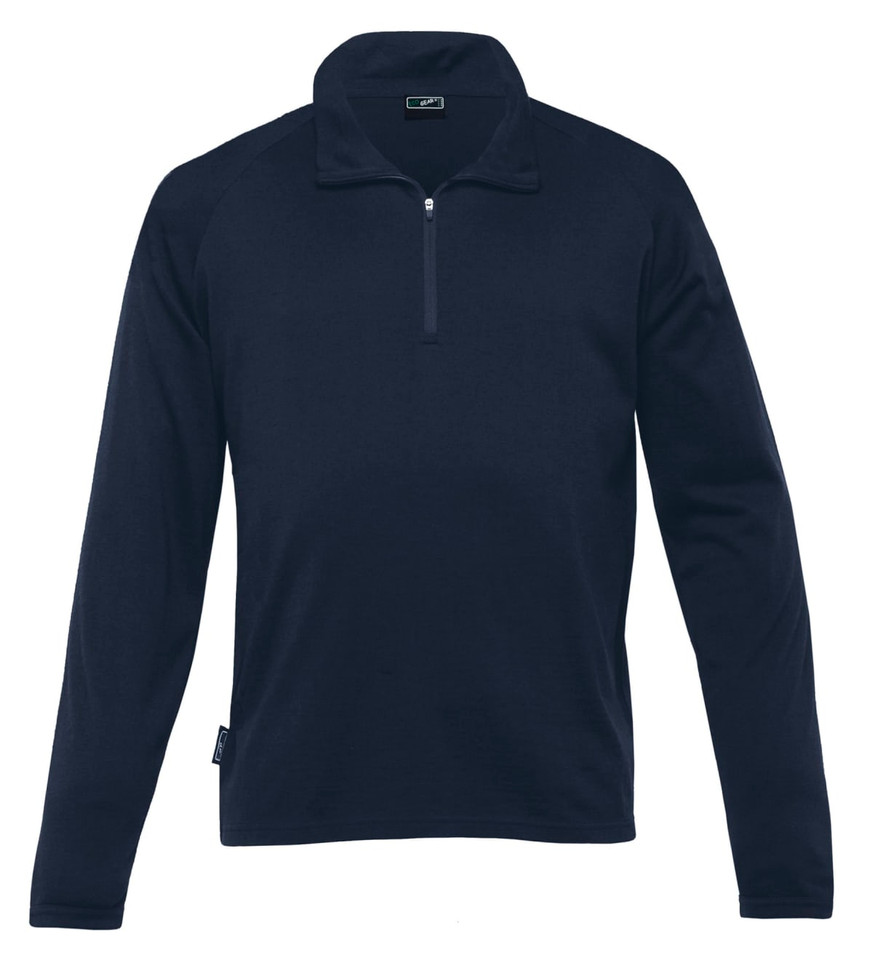 A navy Merino zip pullover for men featuring a half-zip front and long sleeves, with a branding logo.