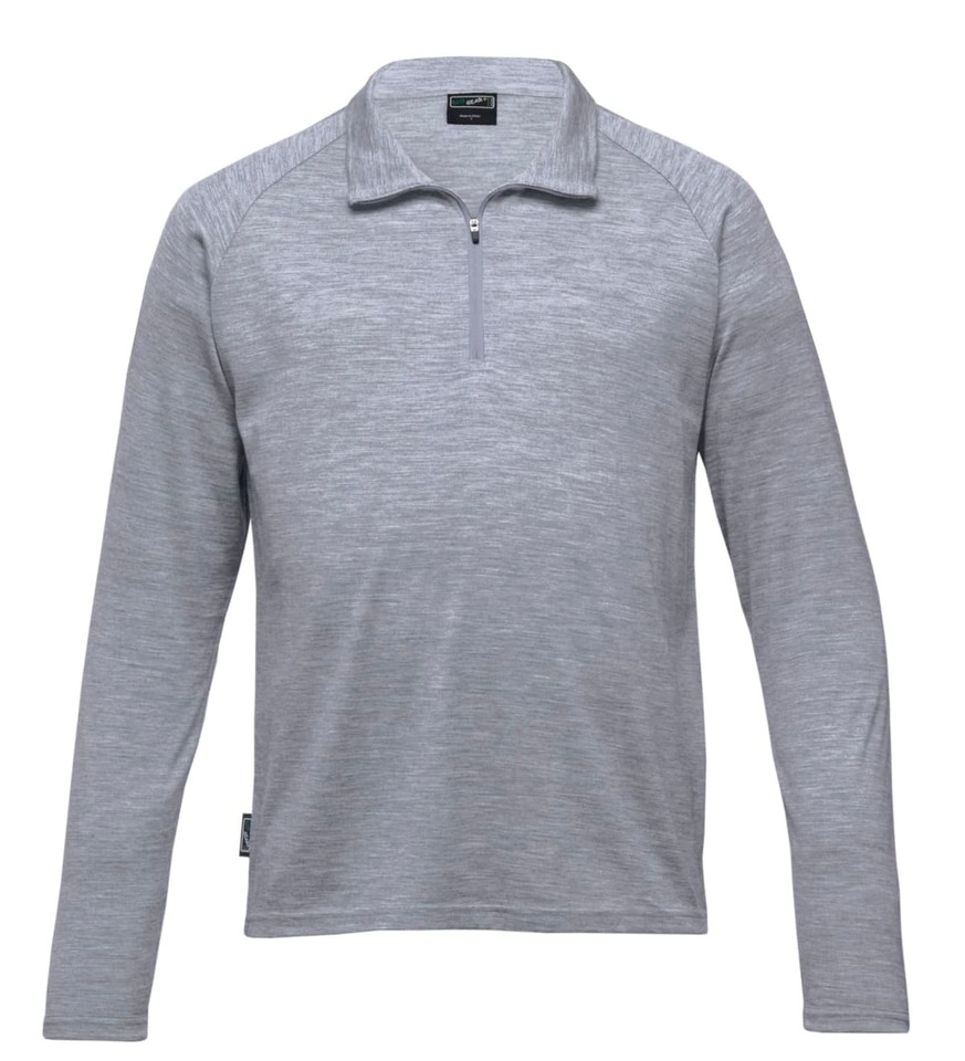 A grey men's Merino zip pullover with a quarter zip and long sleeves, featuring a logo on the side.