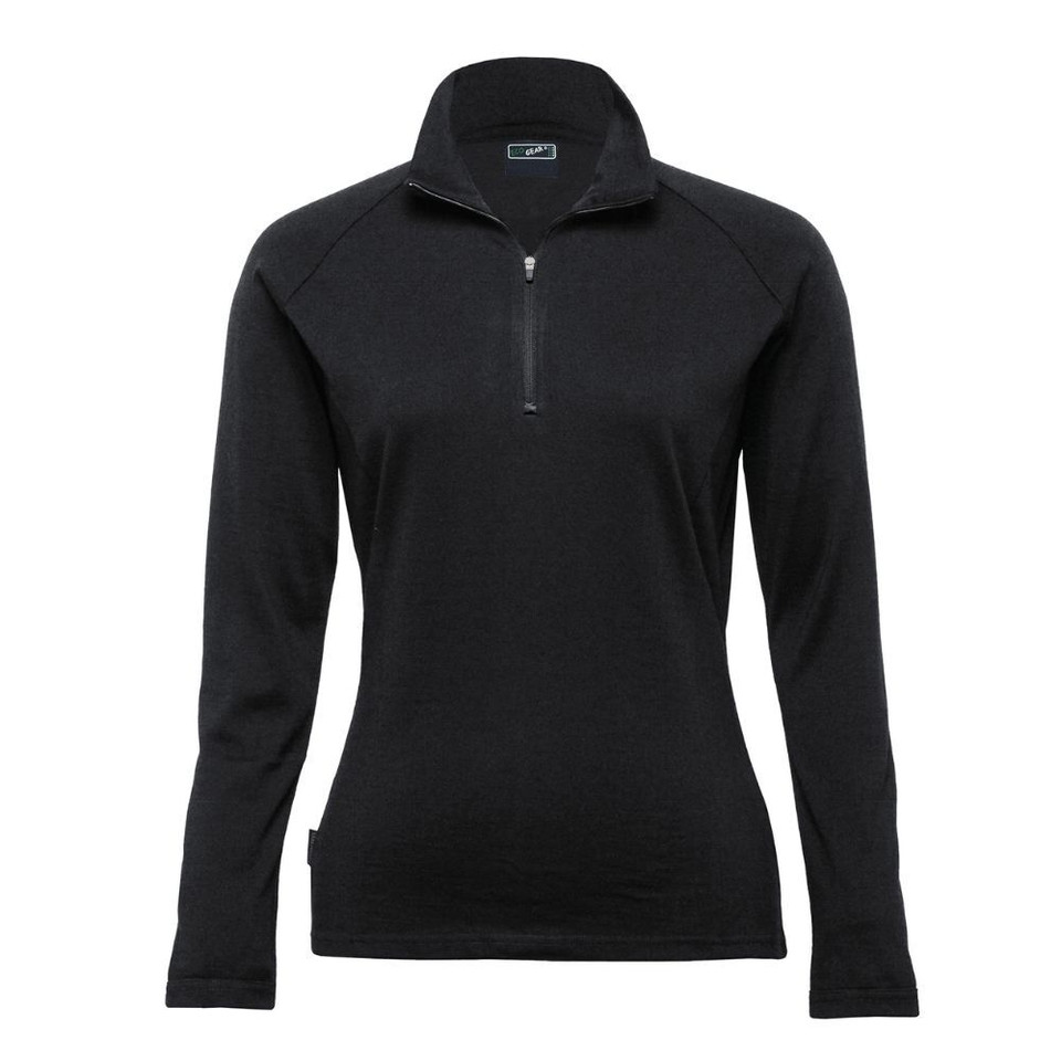 A black Merino zip pullover for women, featuring a quarter zip and long sleeves. It has a branding logo on the collar.