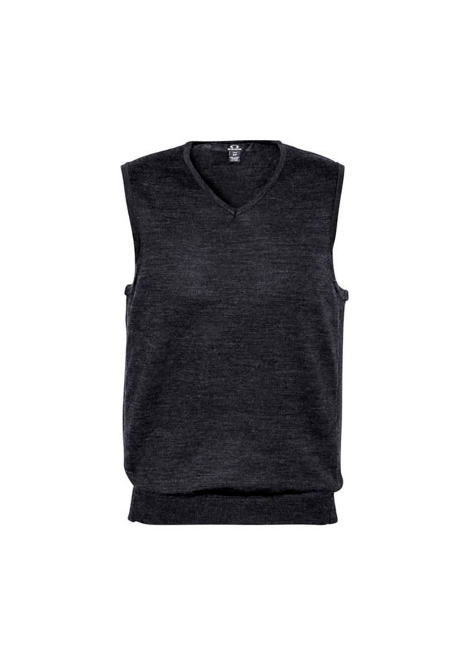 A dark grey men's vest with a V-neck design, featuring a ribbed hem and armholes, and has a logo.