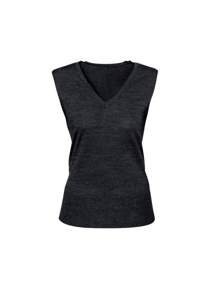 A dark grey women's vest featuring a V-neck design and sleeveless cut, with a logo on the product.
