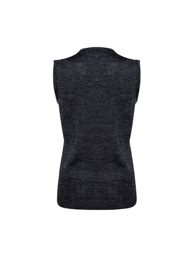 A sleeveless dark grey women's vest with a textured design and a back view. Features a branding logo.