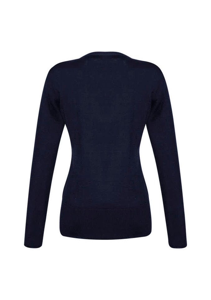 A navy women's Milano pullover sweater featuring a fitted design and long sleeves, with a simple back view.
