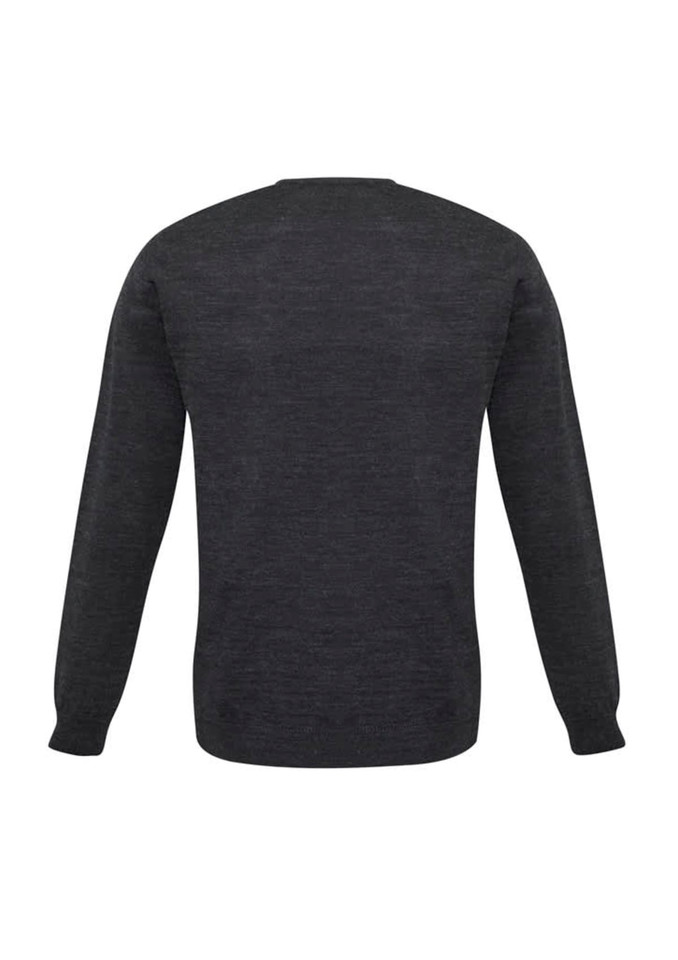A dark grey men's pullover sweater featuring long sleeves and a simple design at the back. It has a logo.