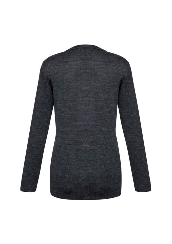 A dark grey women's Milano cardigan featuring long sleeves and a simple design, with a logo on the back.